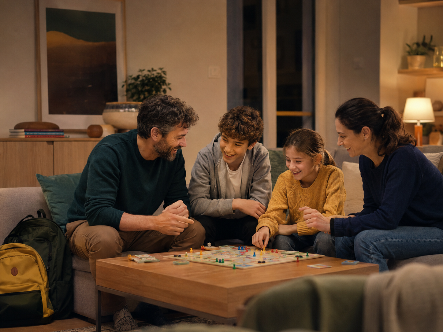 Due genitori sereni trascorrono la serata con i loro due figli dopo che i compiti sono stati completati