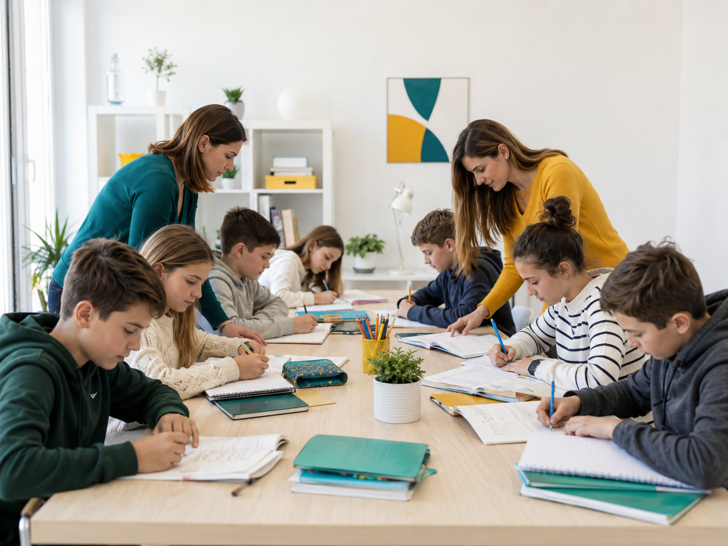 Tutor seguono ragazzi e ragazze durante lo studio attorno a un lungo tavolo